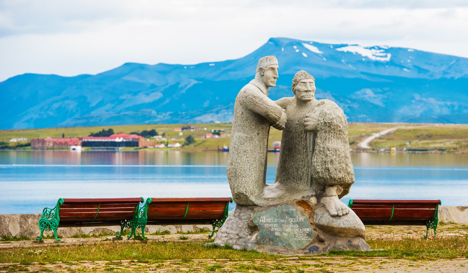 Stone sculpture with mountains in the background at Puerto Natales, Chile
